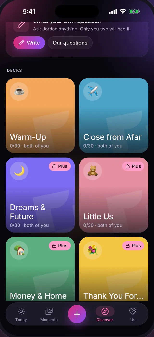 Discover: question decks Warm-Up, Close from Afar, Dreams & Future, Little Us, Money & Home and Thank You For, with progress for both of you.
