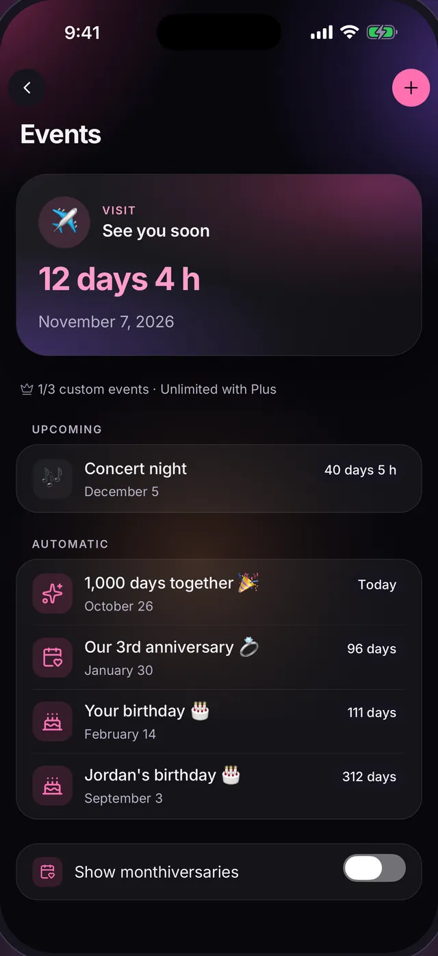 Events: a countdown of 12 days 4 hours to the next visit, an upcoming concert night and automatic dates like 1,000 days together, your anniversary and birthdays.