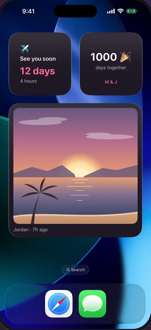 An iPhone home screen with Dearly widgets: a 12-day countdown to the next visit, a 1,000 days together counter and a sunset photo Jordan shared 7 hours ago.