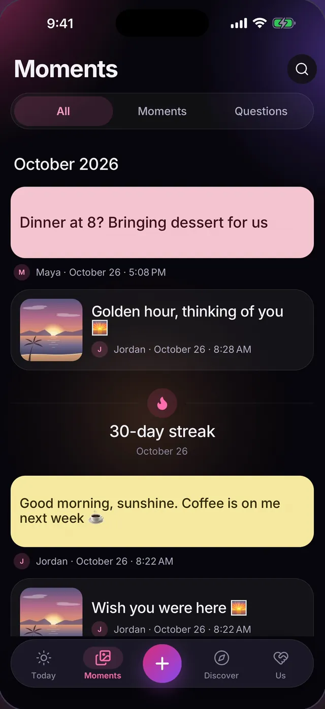 The Moments timeline: a note about dinner, a golden hour photo from Jordan, a 30-day streak milestone and a good morning note.