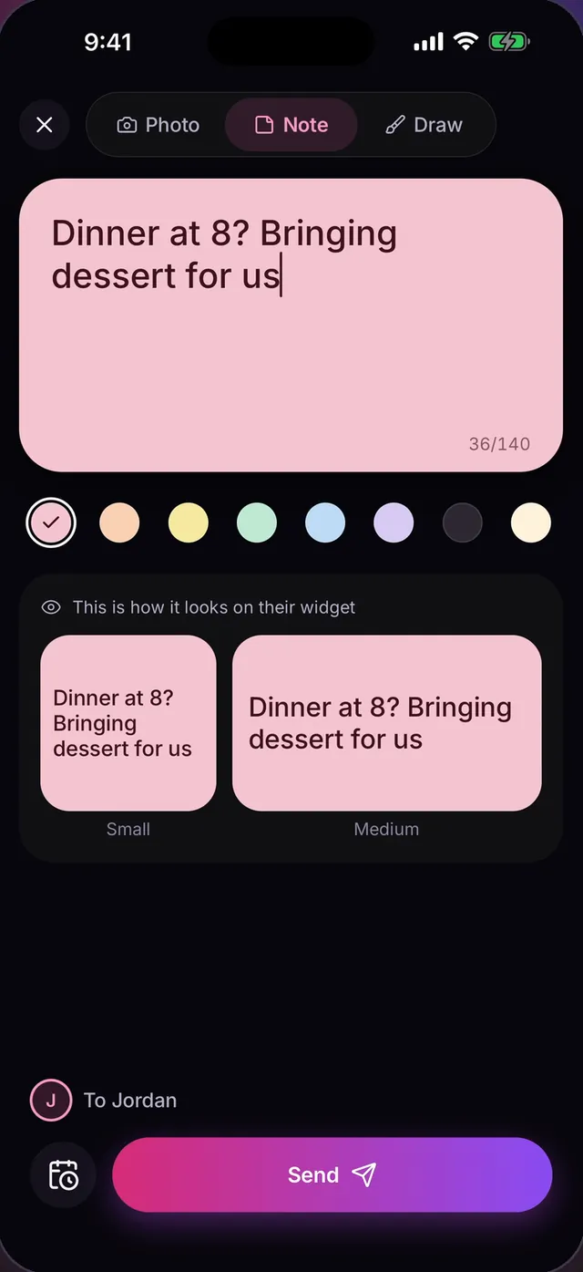 Writing a pink note "Dinner at 8? Bringing dessert for us" to Jordan, with a preview of the small and medium widget and a Send button.