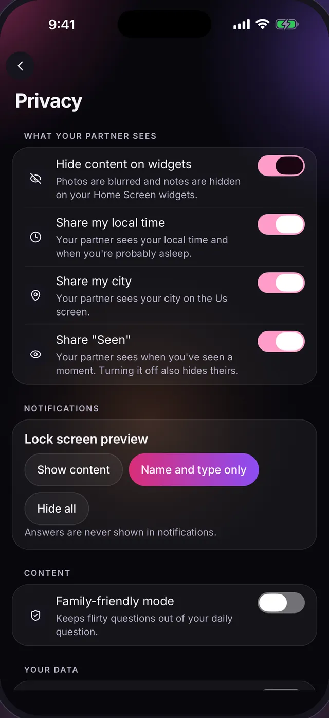 Privacy settings: hide content on widgets, share my local time, share my city, share Seen, and a lock screen preview choice.
