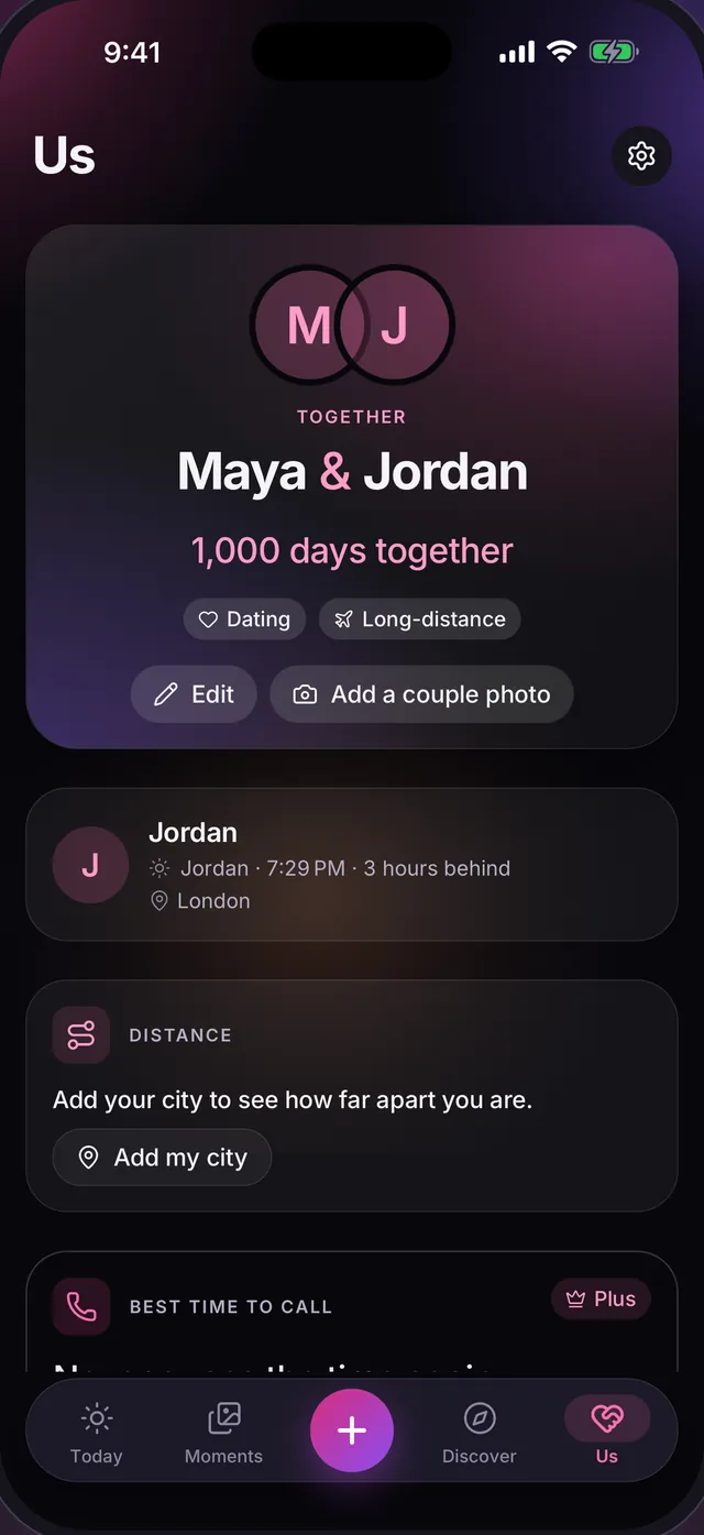 The Us screen: Maya and Jordan, 1,000 days together, Jordan's local time 3 hours behind in London and a distance card.