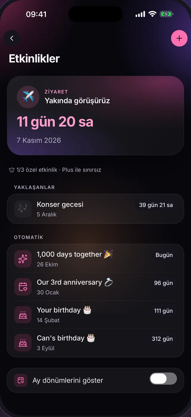 Etkinlikler: bir sonraki ziyarete 11 gün 20 saatlik geri sayım, yaklaşan bir konser gecesi ve birlikte 1.000 gün, yıl dönümü ve doğum günleri gibi otomatik tarihler.